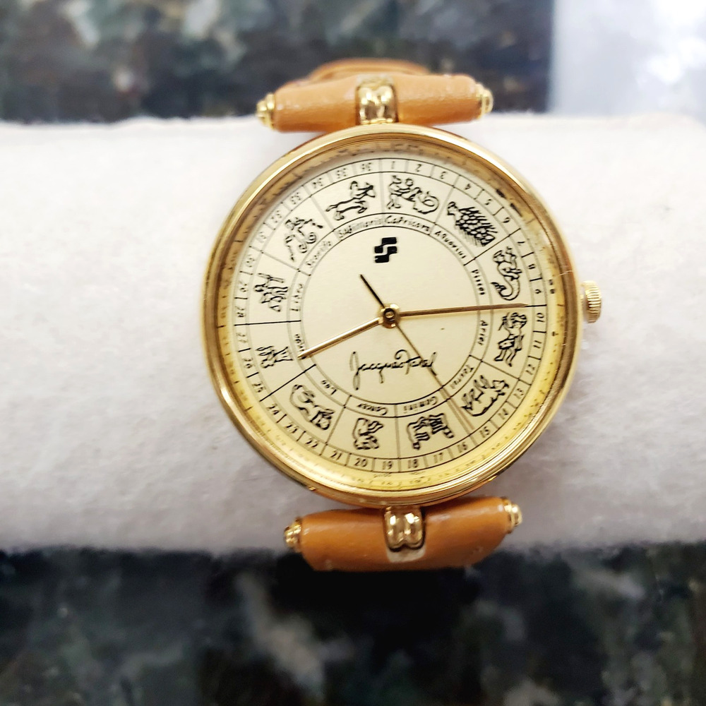 Jacques Farel Swiss Watch Zodiac Vintage 70s Women's Tan & Gold Tone New Battery